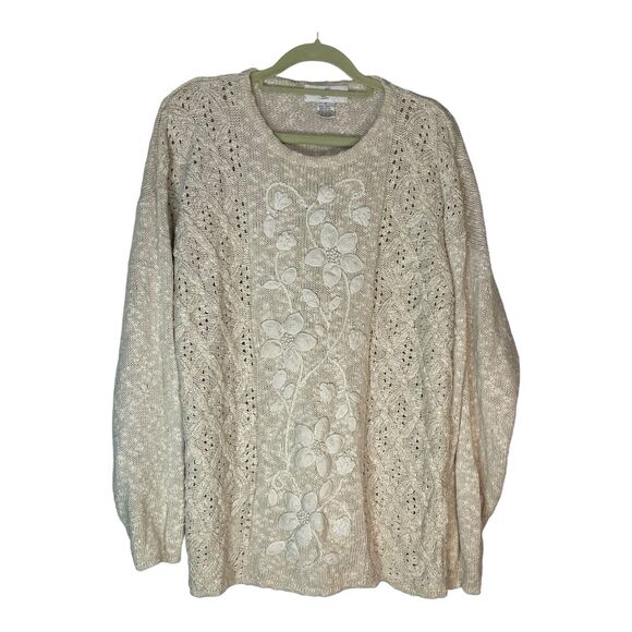 Casual Corner Vintage M Sweater Cream Open Knit Floral Crochet 80s/90s Retro - Picture 7 of 11